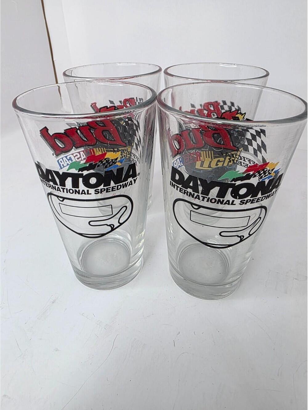 Vintage Bud Daytona Racing Glass 16 oz. Glasses 4 pc. (Set 2 exact, 2 exact)
